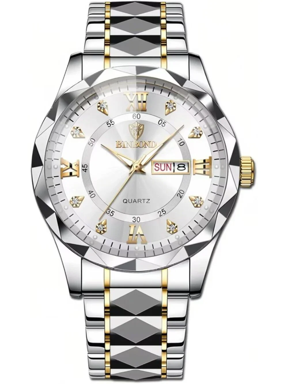 Unisex Silver White Analog Stainless Steel Roman Numeral Diamond Luxury Watch